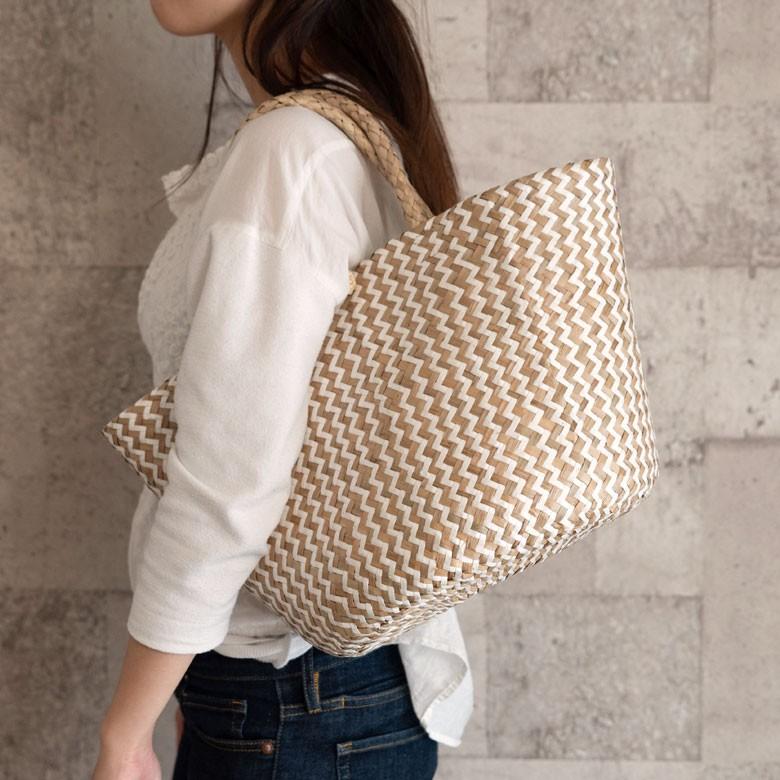 バスケット トートバッグ [ホワイト] シーグラス製 シェブロン柄 大容量 持ち手つき かご 収納 アジア雑貨 51155 | ELEMENTS（インテリア） | 11