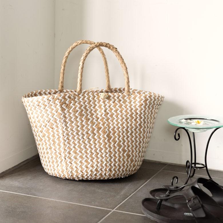 バスケット トートバッグ [ホワイト] シーグラス製 シェブロン柄 大容量 持ち手つき かご 収納 アジア雑貨 51155 | ELEMENTS（インテリア） | 13