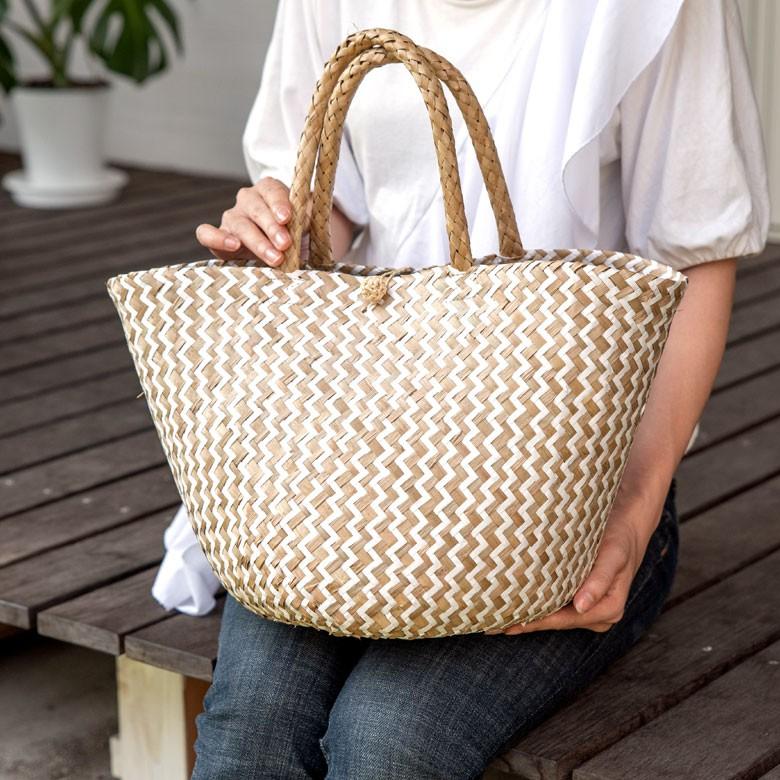 バスケット トートバッグ [ホワイト] シーグラス製 シェブロン柄 大容量 持ち手つき かご 収納 アジア雑貨 51155 | ELEMENTS（インテリア） | 19