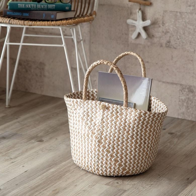 バスケット トートバッグ [ホワイト] シーグラス製 シェブロン柄 大容量 持ち手つき かご 収納 アジア雑貨 51155 | ELEMENTS（インテリア） | 03