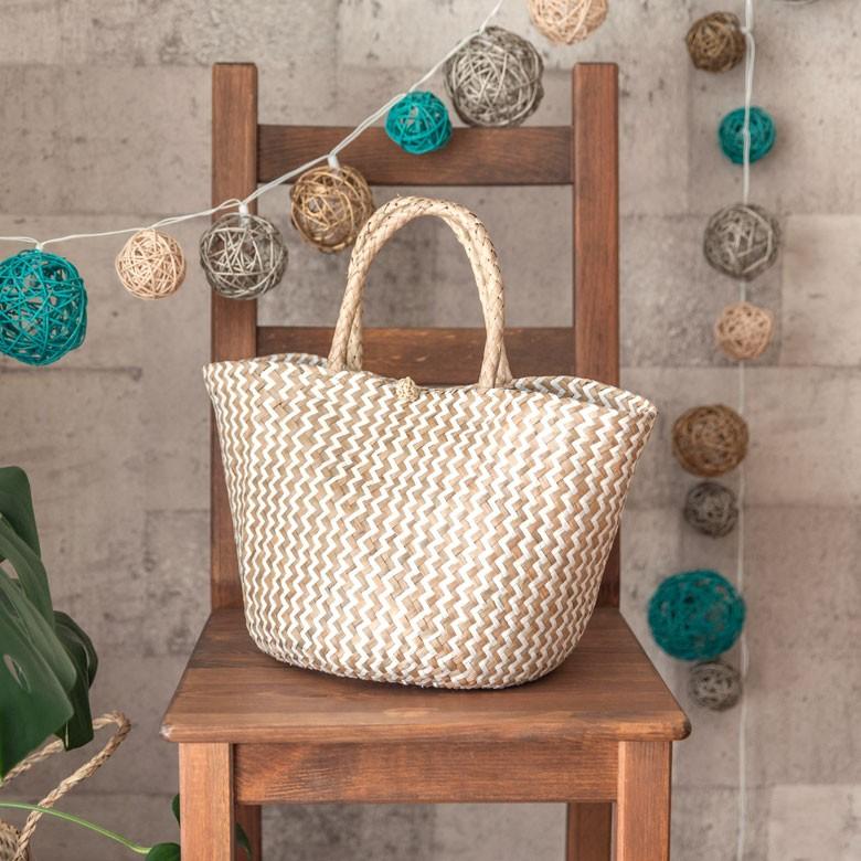 バスケット トートバッグ [ホワイト] シーグラス製 シェブロン柄 大容量 持ち手つき かご 収納 アジア雑貨 51155 | ELEMENTS（インテリア） | 09