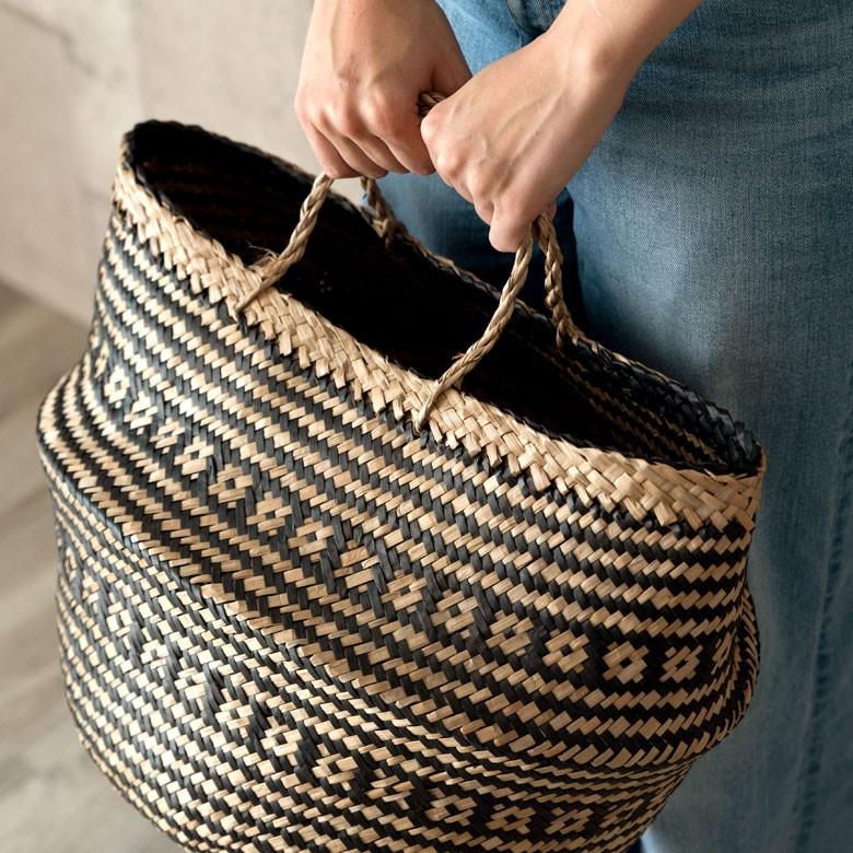 バスケット カゴ 大容量 [ブラック] シーグラス製 民族柄 深型 収納 アジア雑貨 持ち手つき コンパクト 51159 | ELEMENTS（インテリア） | 10