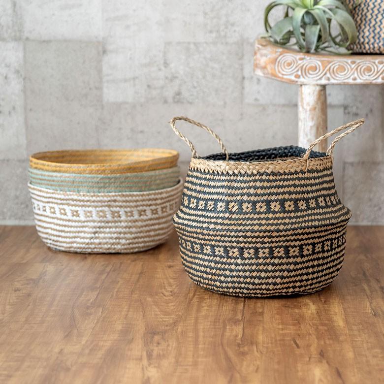 バスケット カゴ 大容量 [ブラック] シーグラス製 民族柄 深型 収納 アジア雑貨 持ち手つき コンパクト 51159 | ELEMENTS（インテリア） | 12