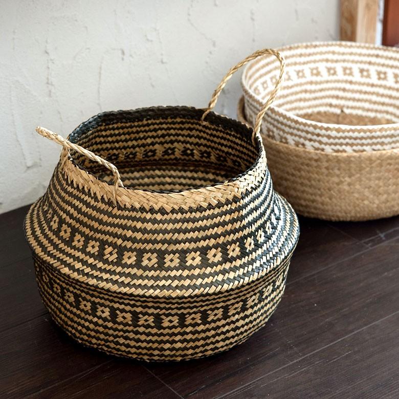 バスケット カゴ 大容量 [ブラック] シーグラス製 民族柄 深型 収納 アジア雑貨 持ち手つき コンパクト 51159 | ELEMENTS（インテリア） | 02