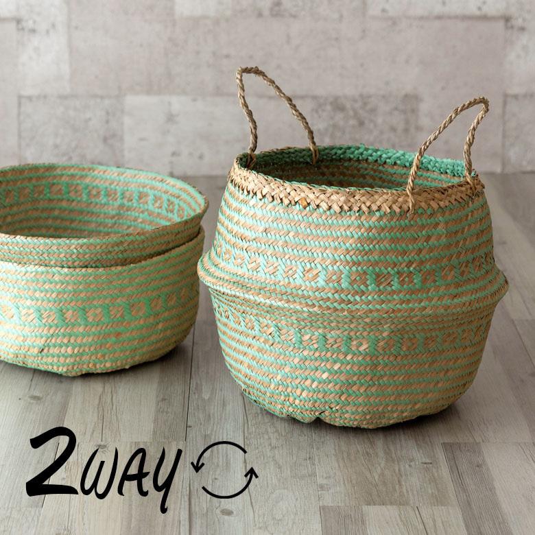 バスケット カゴ 大容量 [グリーン] シーグラス製 民族柄 深型 収納 アジア雑貨 持ち手つき コンパクト 5116 | ブランド登録なし