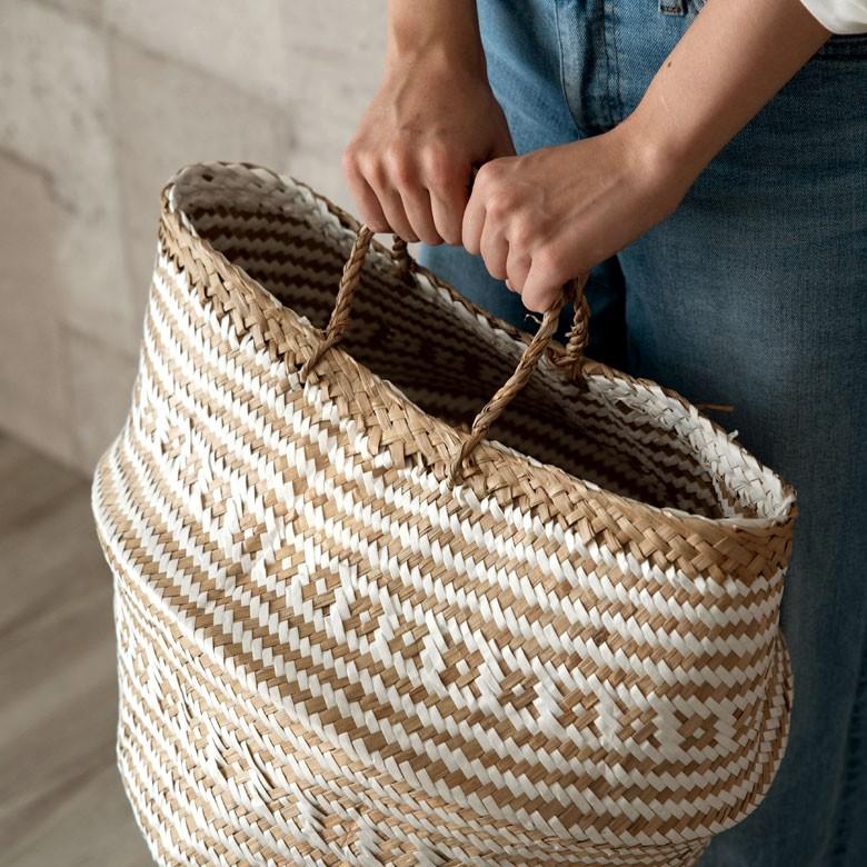 バスケット カゴ 大容量 [ホワイト] シーグラス製 民族柄 深型 収納 アジア雑貨 持ち手つき コンパクト 51161 | ELEMENTS（インテリア） | 10