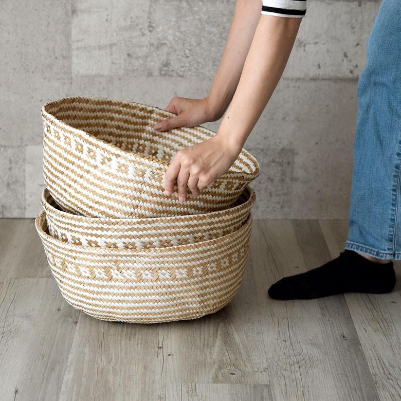 バスケット カゴ 大容量 [ホワイト] シーグラス製 民族柄 深型 収納 アジア雑貨 持ち手つき コンパクト 51161 | ELEMENTS（インテリア） | 04