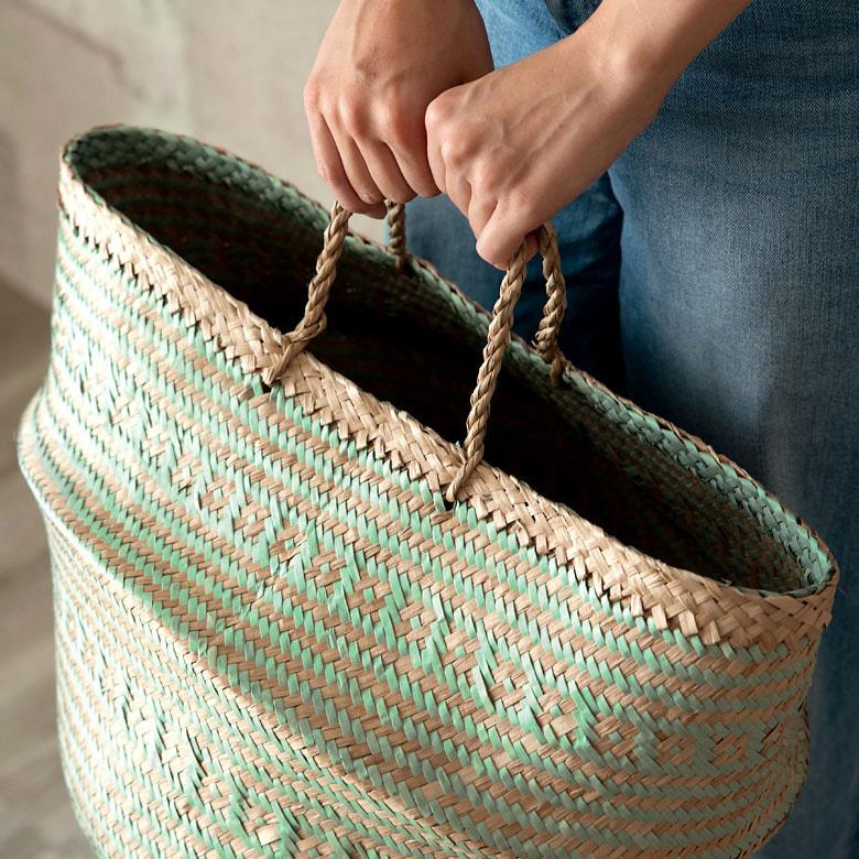 バスケット カゴ 大容量 [グリーン] シーグラス製 民族柄 深型 収納 アジア雑貨 持ち手つき コンパクト 5116 | ブランド登録なし | 13