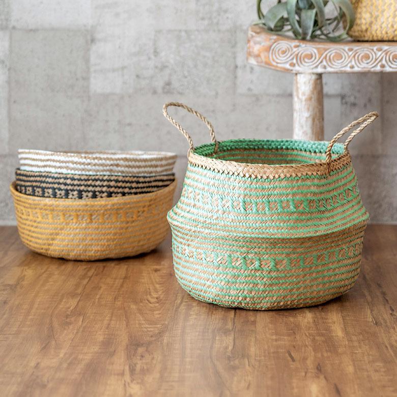 バスケット カゴ 大容量 [グリーン] シーグラス製 民族柄 深型 収納 アジア雑貨 持ち手つき コンパクト 5116 | ブランド登録なし | 15