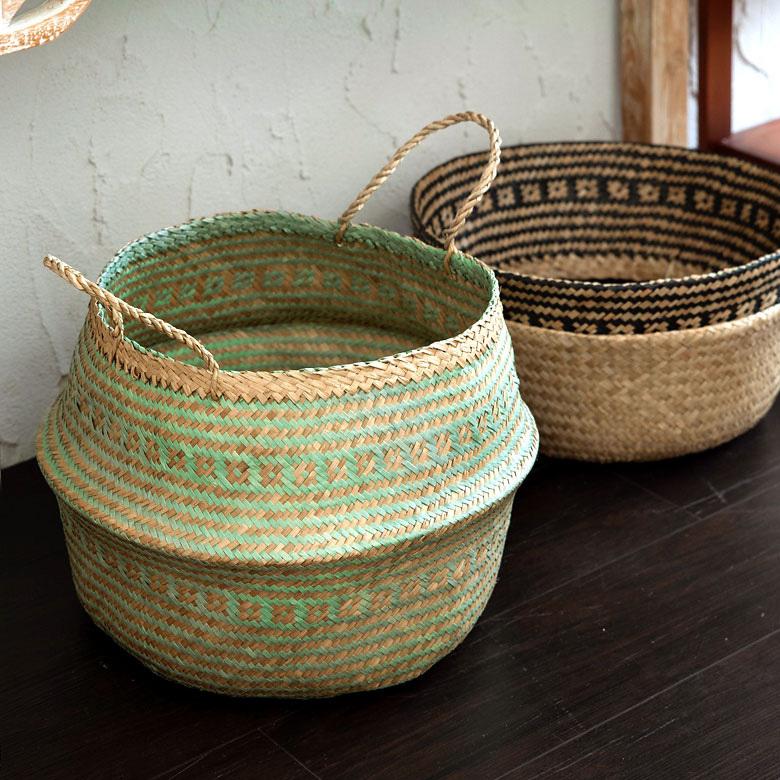 バスケット カゴ 大容量 [グリーン] シーグラス製 民族柄 深型 収納 アジア雑貨 持ち手つき コンパクト 5116 | ブランド登録なし | 04