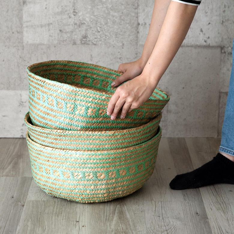 バスケット カゴ 大容量 [グリーン] シーグラス製 民族柄 深型 収納 アジア雑貨 持ち手つき コンパクト 5116 | ブランド登録なし | 06