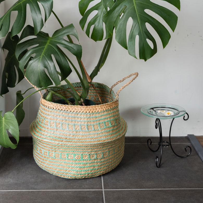 バスケット カゴ 大容量 [グリーン] シーグラス製 民族柄 深型 収納 アジア雑貨 持ち手つき コンパクト 5116 | ブランド登録なし | 07