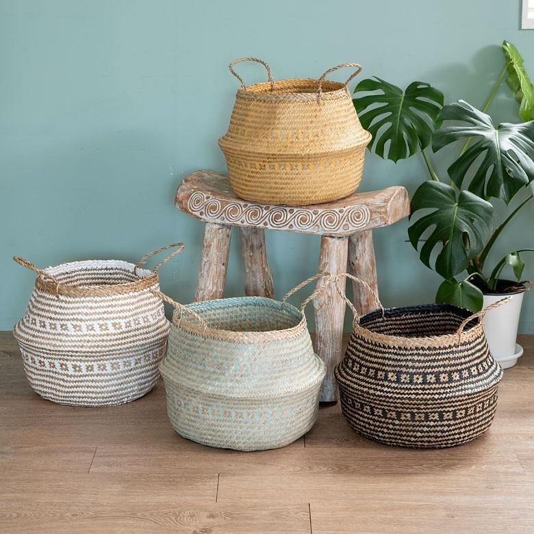 バスケット カゴ 大容量 [グリーン] シーグラス製 民族柄 深型 収納 アジア雑貨 持ち手つき コンパクト 5116 | ブランド登録なし | 09