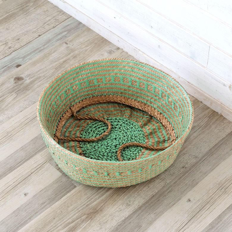 バスケット カゴ 大容量 [グリーン] シーグラス製 民族柄 深型 収納 アジア雑貨 持ち手つき コンパクト 5116 | ブランド登録なし | 10