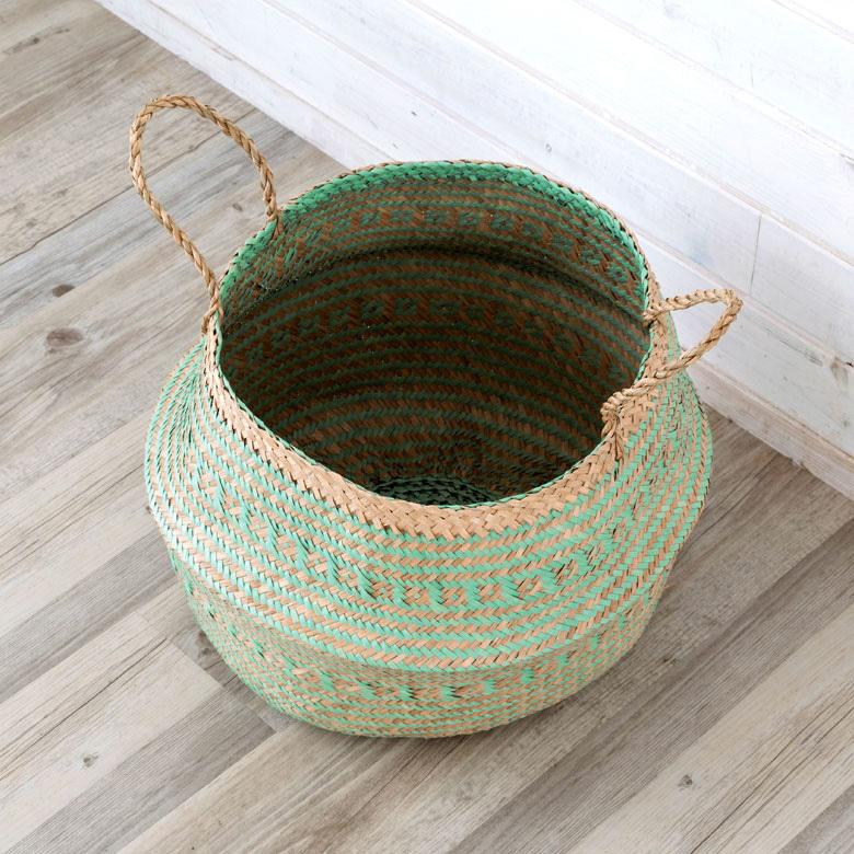 バスケット カゴ 大容量 [グリーン] シーグラス製 民族柄 深型 収納 アジア雑貨 持ち手つき コンパクト 5116 | ブランド登録なし | 11