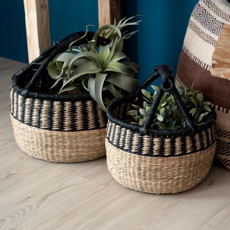 カゴ 収納 バスケット 持ち手付き カゴバッグ Mサイズ シーグラス製 ラウンドバスケット 収納ボックス かご収納 アジアン おしゃれ 51194 | ブランド登録なし | 09