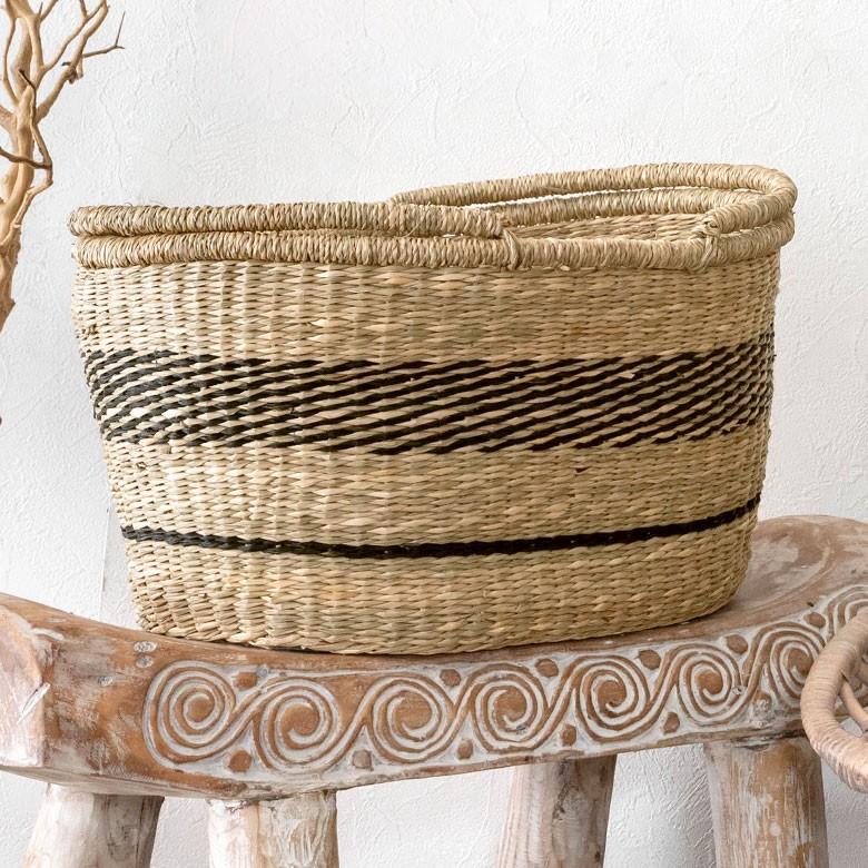 カゴ 収納 バスケット 持ち手付き カゴバッグ オーバル型 ライン柄 シーグラス製 収納ボックス かご収納 アジアン おしゃれ 51199 | ブランド登録なし | 07