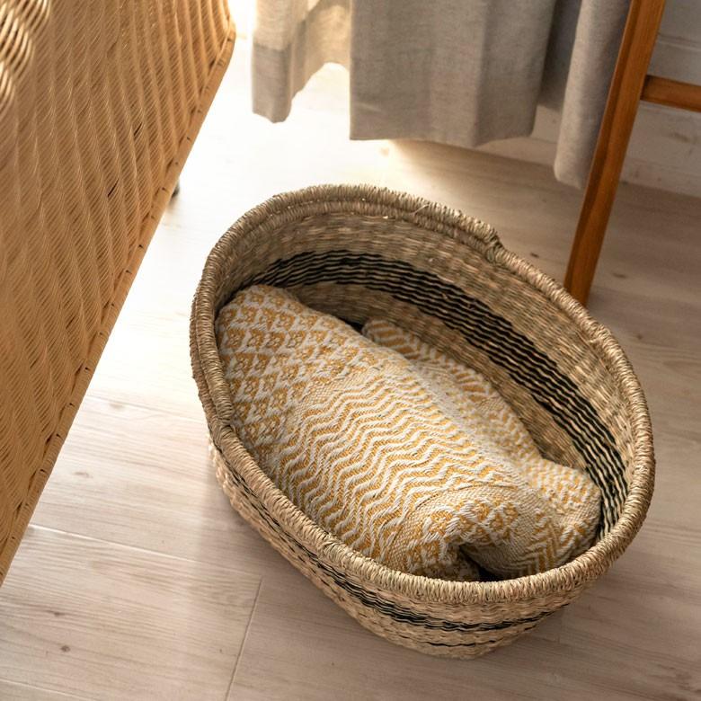 カゴ 収納 バスケット 持ち手付き カゴバッグ オーバル型 ライン柄