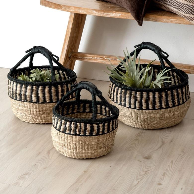 カゴ 収納 バスケット 持ち手付き カゴバッグ Lサイズ シーグラス製 ラウンドバスケット 収納ボックス かご収納 アジアン おしゃれ 5119 | ブランド登録なし | 07