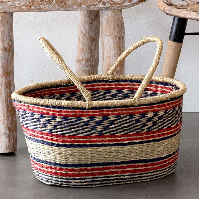 カゴ 収納 バスケット 持ち手付き カゴバッグ オーバル型 ミックス柄 シーグラス製 収納ボックス かご収納 アジアン おしゃれ 51201 | ブランド登録なし | 07