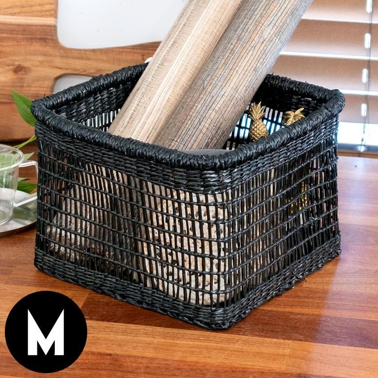 バスケット かご シーグラス 透かし編みバスケット ブラック Mサイズ 幅22cm スクエア 透かし編み 小物収納 かご かごバスケット 収納かご アジアン雑貨 51214 | ブランド登録なし