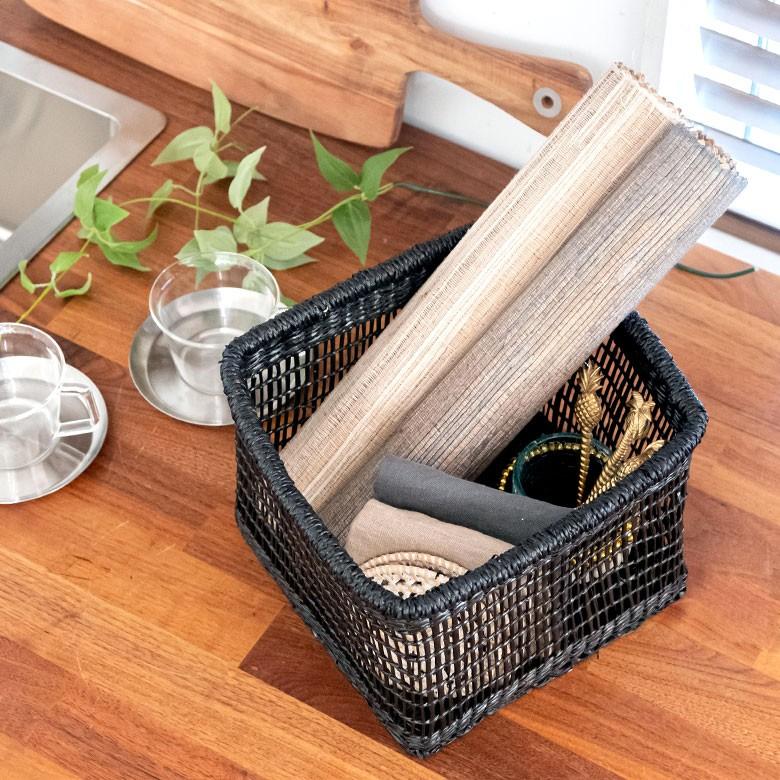 バスケット かご シーグラス 透かし編みバスケット ブラック Mサイズ 幅22cm スクエア 透かし編み 小物収納 かご かごバスケット 収納かご アジアン雑貨 51214 | ブランド登録なし | 12