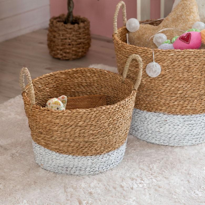 バスケット かご バイカラーバスケット シーグラス 持ち手つき Sサイズ ナチュラル ホワイト ランドリーバスケット カゴ 籠 収納バスケット 51219 | ELEMENTS（インテリア） | 02