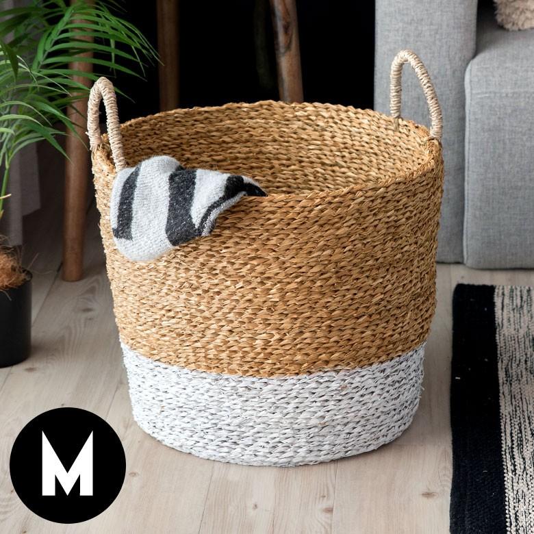 バスケット かご バイカラーバスケット シーグラス 持ち手つき Mサイズ ナチュラル ホワイト ランドリーバスケット カゴ 籠 収納バスケット 51220 | ELEMENTS（インテリア）