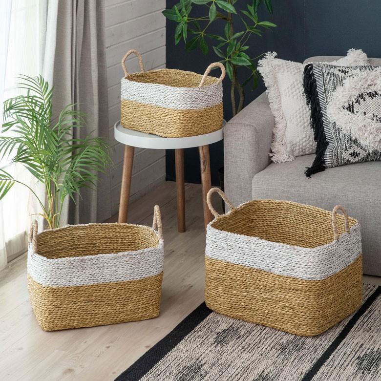 バスケット かご バイカラーバスケット シーグラス 持ち手つき Sサイズ