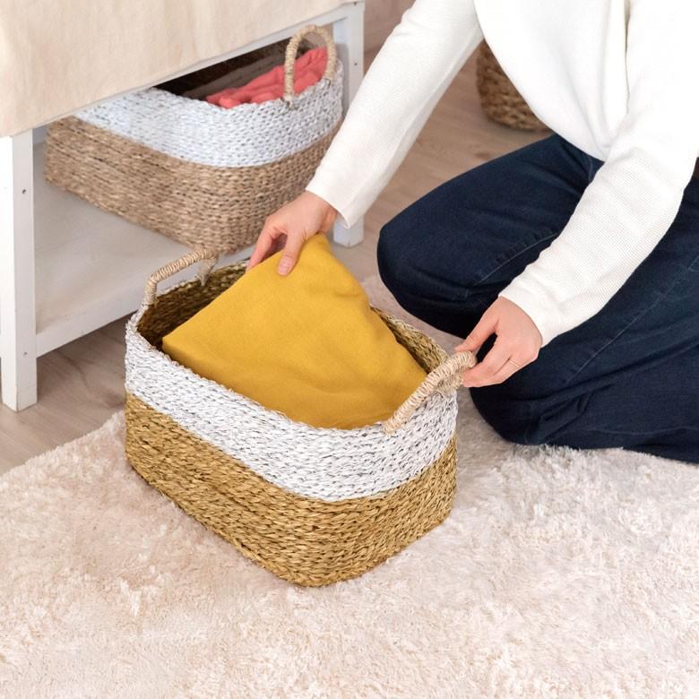 バスケット かご バイカラーバスケット シーグラス 持ち手つき Sサイズ