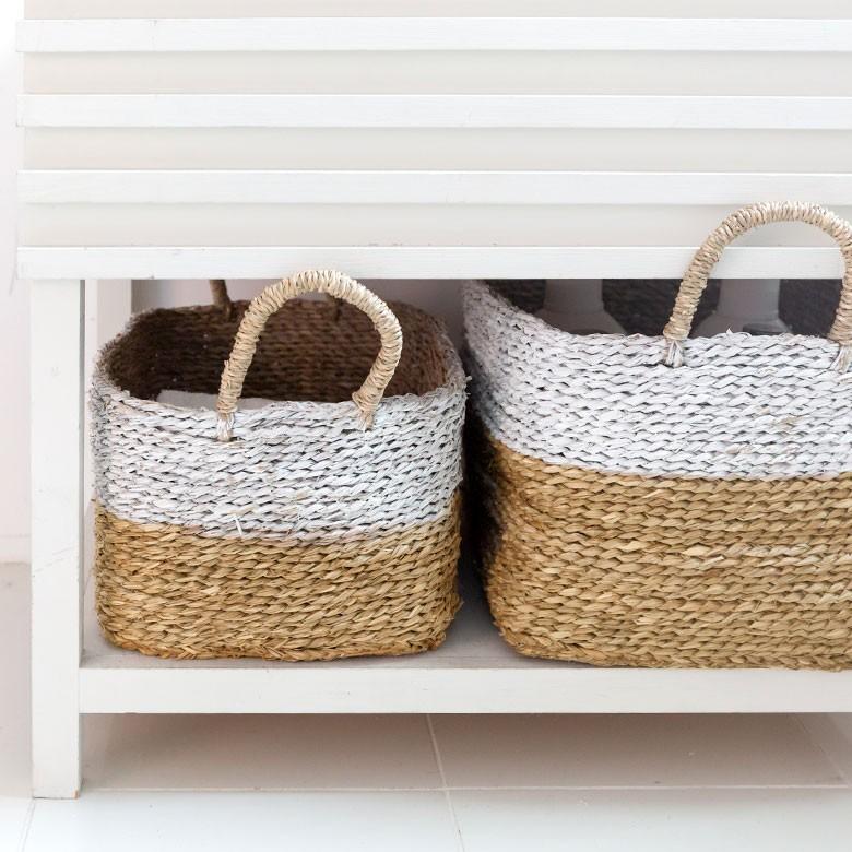 バスケット かご バイカラーバスケット シーグラス 持ち手つき Sサイズ