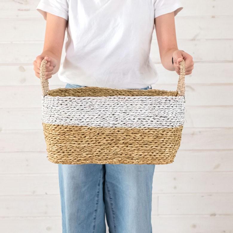 バスケット かご バイカラーバスケット シーグラス 持ち手つき Sサイズ