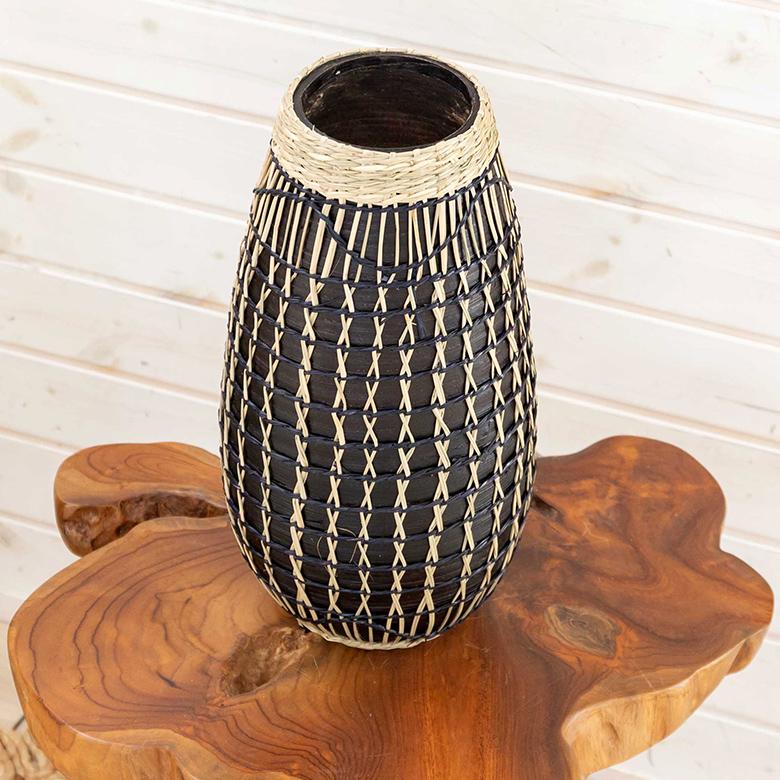 フラワーベース バンブー製 シーグラス製 水入れ不可 壺型 花瓶 花びん 花器 ドライフラワー アートプランツ フェイクグリーン BOHO トライバル 51233 | ブランド登録なし | 06