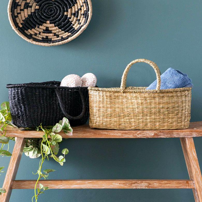 カゴ 収納 バスケット 持ち手付き カゴバッグ Lサイズ シーグラス製 ラウンドバスケット トライバル柄 かご収納 アジアン おしゃれ 51241 | ブランド登録なし