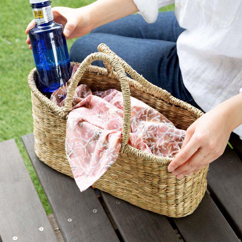 カゴ 収納 バスケット 持ち手付き カゴバッグ Lサイズ シーグラス製 ラウンドバスケット トライバル柄 かご収納 アジアン おしゃれ 51241 | ブランド登録なし | 10