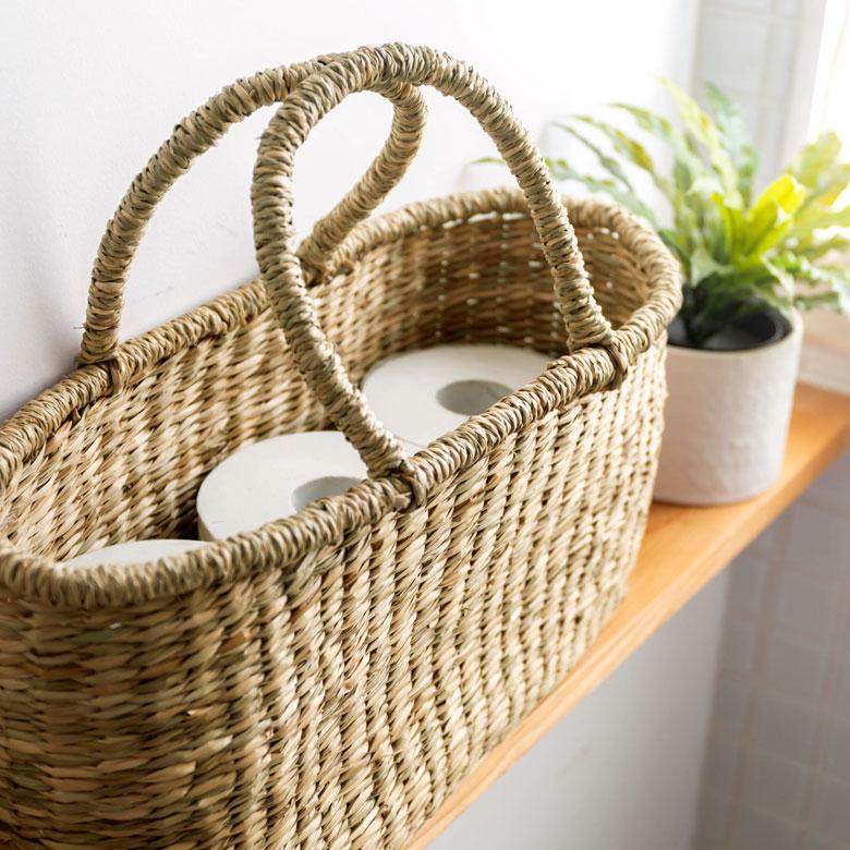 カゴ 収納 バスケット 持ち手付き カゴバッグ Lサイズ シーグラス製 ラウンドバスケット トライバル柄 かご収納 アジアン おしゃれ 51241 | ブランド登録なし | 16