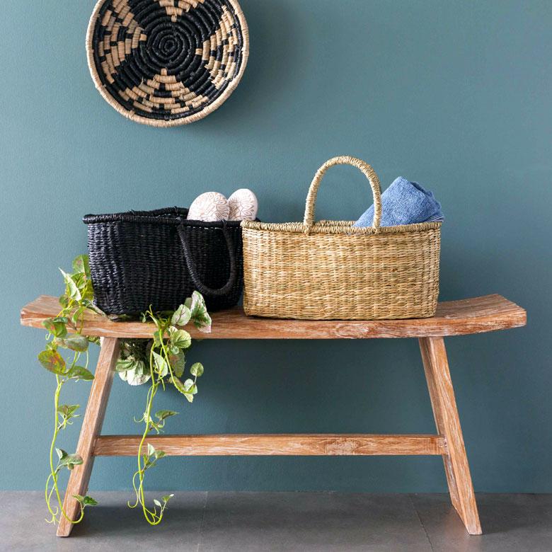 カゴ 収納 バスケット 持ち手付き カゴバッグ Lサイズ シーグラス製 ラウンドバスケット トライバル柄 かご収納 アジアン おしゃれ 51241 | ブランド登録なし | 17