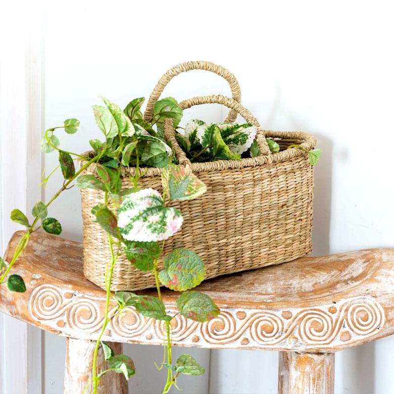 カゴ 収納 バスケット 持ち手付き カゴバッグ Lサイズ シーグラス製 ラウンドバスケット トライバル柄 かご収納 アジアン おしゃれ 51241 | ブランド登録なし | 04