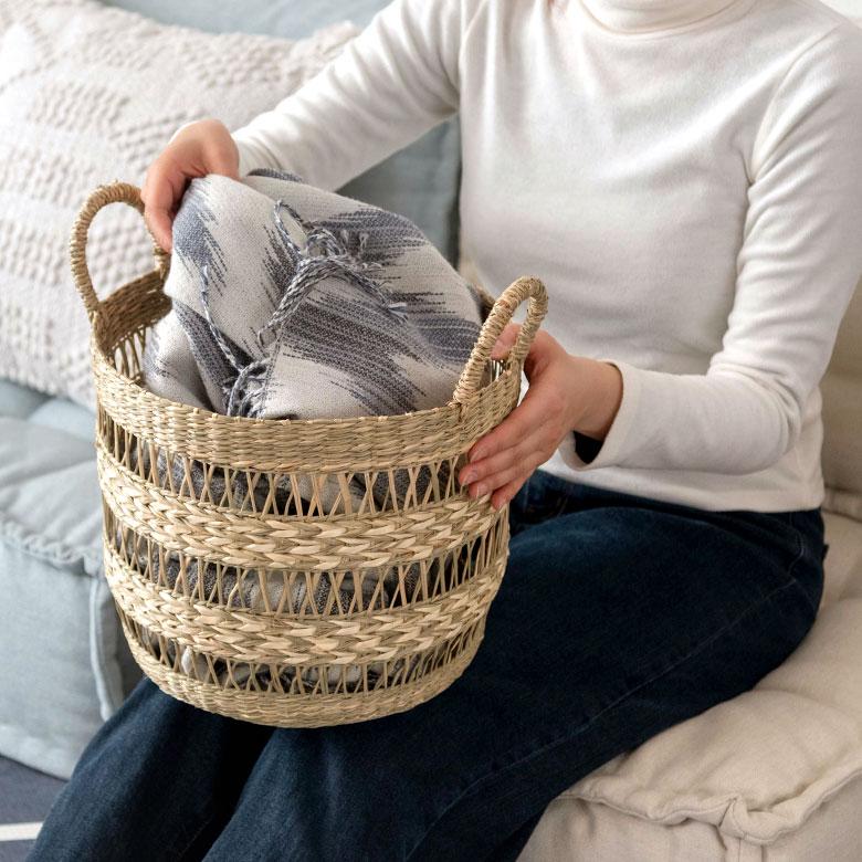 かご バスケット シーグラス製 天然素材 収納 持ち手 プランターカバー カゴ 籠 収納バスケット ランドリーバスケット 荷物入れ 見せる収納 ハンドル 丸形 51244 | ブランド登録なし | 10