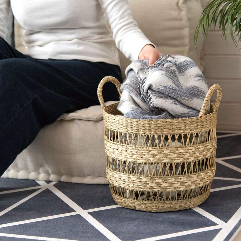 かご バスケット シーグラス製 天然素材 収納 持ち手 プランターカバー カゴ 籠 収納バスケット ランドリーバスケット 荷物入れ 見せる収納 ハンドル 丸形 51244 | ブランド登録なし | 16