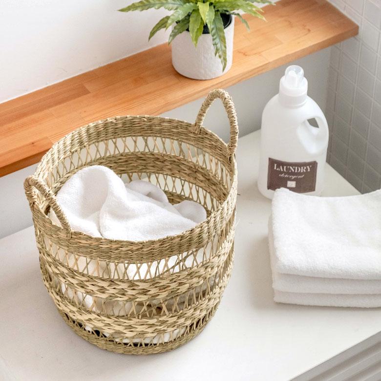 かご バスケット シーグラス製 天然素材 収納 持ち手 プランターカバー カゴ 籠 収納バスケット ランドリーバスケット 荷物入れ 見せる収納 ハンドル 丸形 51244 | ブランド登録なし | 03