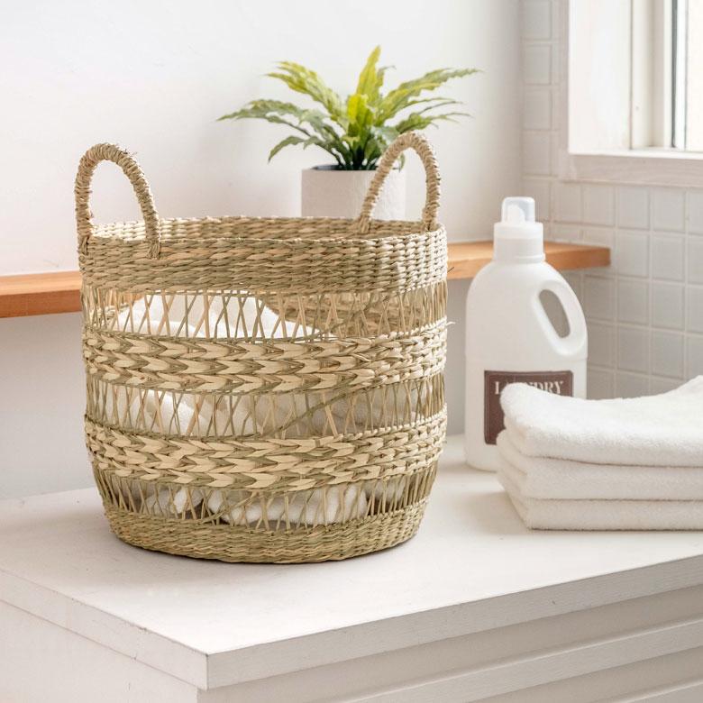 かご バスケット シーグラス製 天然素材 収納 持ち手 プランターカバー カゴ 籠 収納バスケット ランドリーバスケット 荷物入れ 見せる収納 ハンドル 丸形 51244 | ブランド登録なし | 08