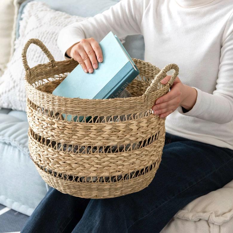 かご バスケット シーグラス製 天然素材 収納  持ち手 プランターカバー カゴ 収納バスケット ランドリーバスケット  荷物入れ 見せる収納 ハンドル 丸形 51245 | ブランド登録なし | 10