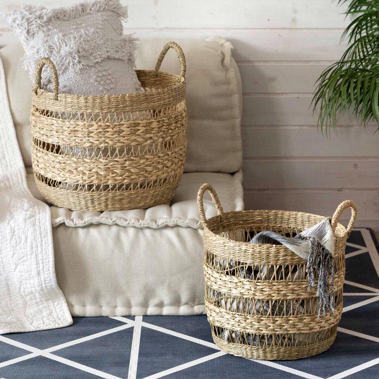 かご バスケット シーグラス製 天然素材 収納  持ち手 プランターカバー カゴ 収納バスケット ランドリーバスケット  荷物入れ 見せる収納 ハンドル 丸形 51245 | ブランド登録なし | 13