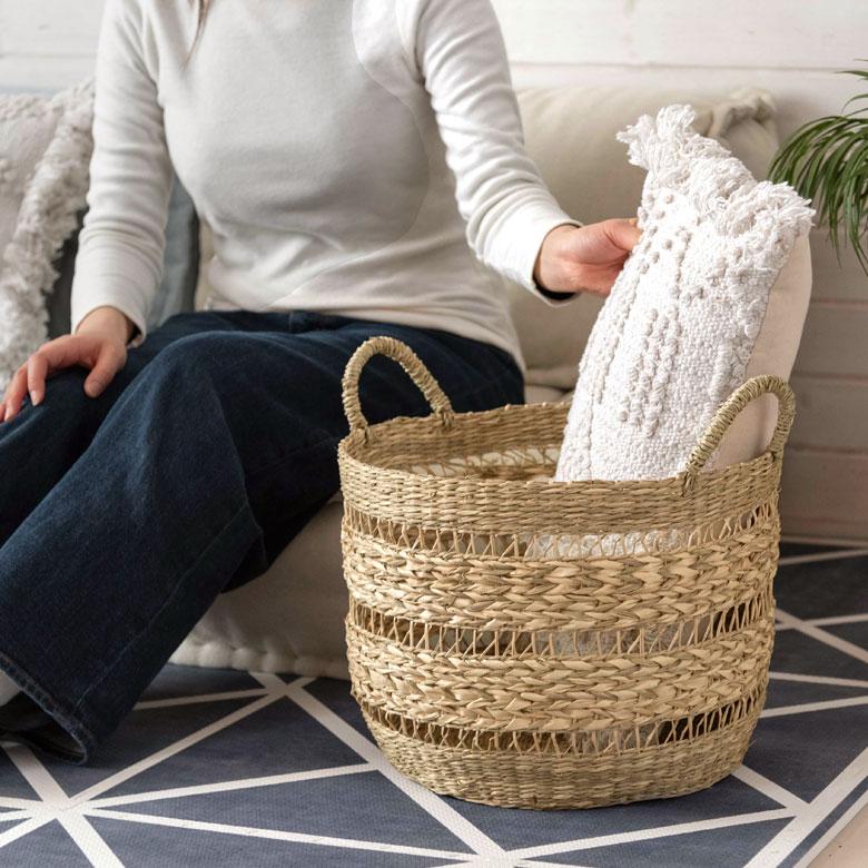 かご バスケット シーグラス製 天然素材 収納  持ち手 プランターカバー カゴ 収納バスケット ランドリーバスケット  荷物入れ 見せる収納 ハンドル 丸形 51245 | ブランド登録なし | 16