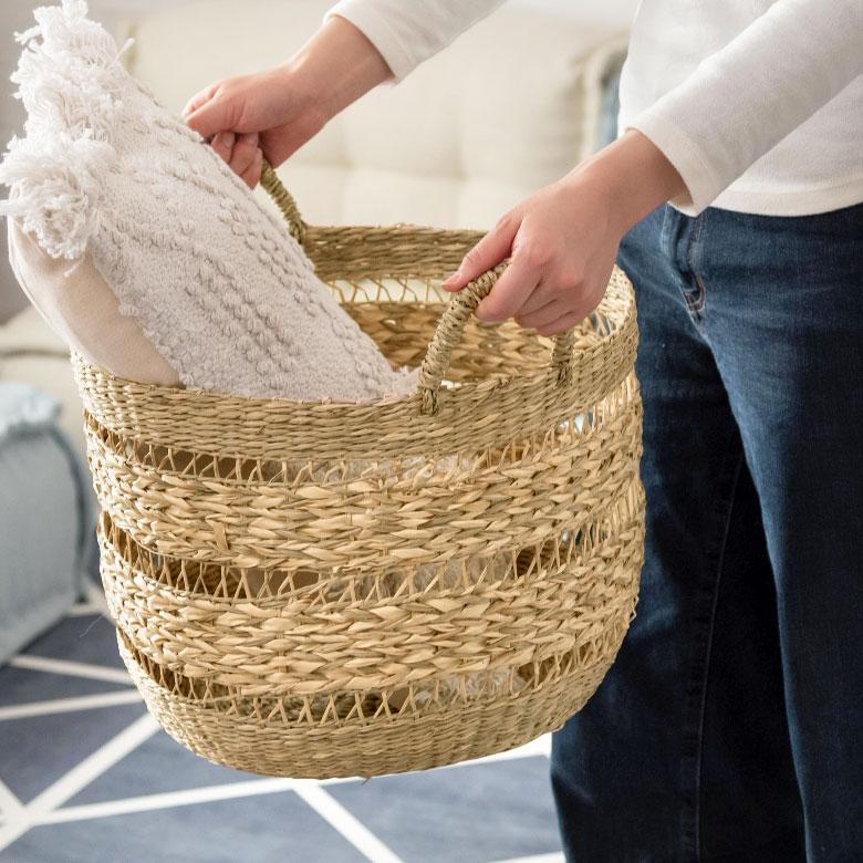 かご バスケット シーグラス製 天然素材 収納  持ち手 プランターカバー カゴ 収納バスケット ランドリーバスケット  荷物入れ 見せる収納 ハンドル 丸形 51245 | ブランド登録なし | 02