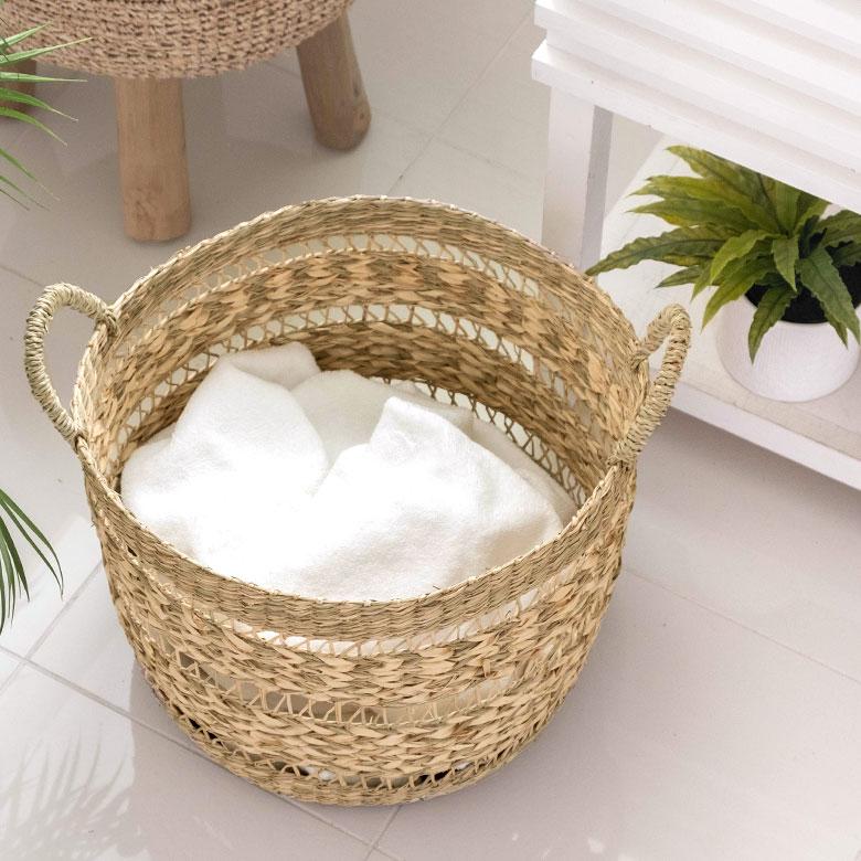 かご バスケット シーグラス製 天然素材 収納  持ち手 プランターカバー カゴ 収納バスケット ランドリーバスケット  荷物入れ 見せる収納 ハンドル 丸形 51245 | ブランド登録なし | 03