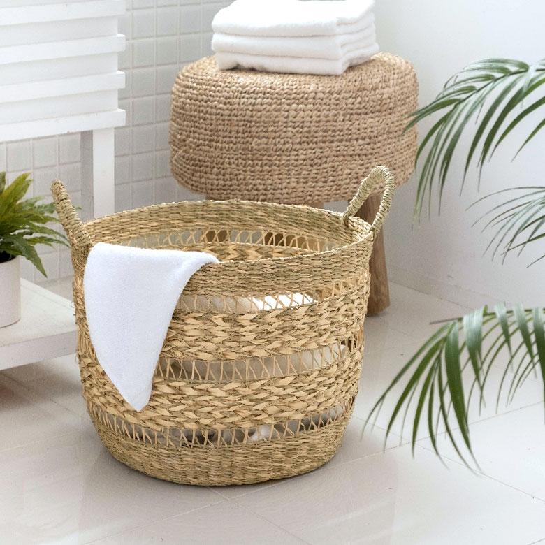 かご バスケット シーグラス製 天然素材 収納  持ち手 プランターカバー カゴ 収納バスケット ランドリーバスケット  荷物入れ 見せる収納 ハンドル 丸形 51245 | ブランド登録なし | 08