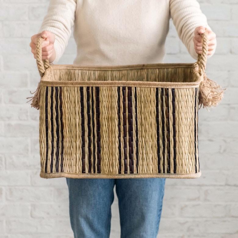 バスケット かご シーグラス 持ち手つき スクエア ストライプ ブラック 黒 収納バスケット 収納かご ランドリーバスケット 51249 | ELEMENTS（インテリア） | 05