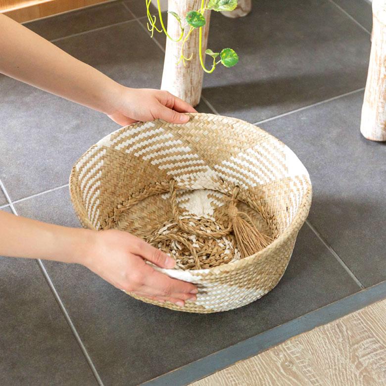 かご バスケット シーグラス製 天然素材 収納  持ち手 折り畳み 2way カゴ 籠 収納バスケット ストッカー 野菜入れ 荷物入れ 見せる収納 おもちゃ入れ 51250 | ELEMENTS（インテリア） | 10